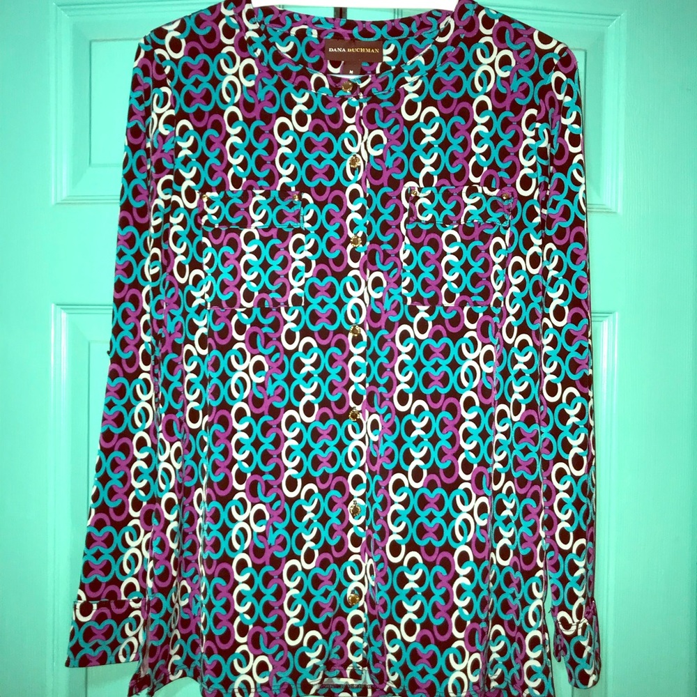 Dana Buchman women’s M blouse black, teal, purple